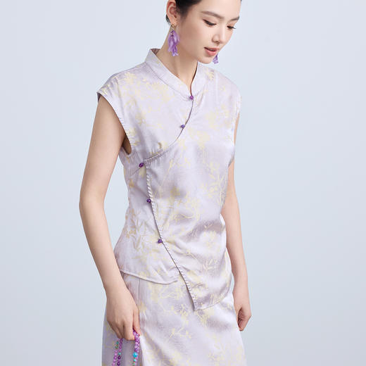 「自」全新升级【铂金会员293/天猫389/差价96】(03959)洛诗琳新中式国风提花衬衫2025夏季斜襟气质收腰短袖上衣 商品图0
