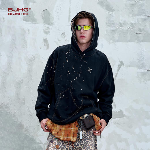 BJHG不计后果美式豹纹连帽卫衣男款2025新款潮明线撞色泼墨外套女 商品图3