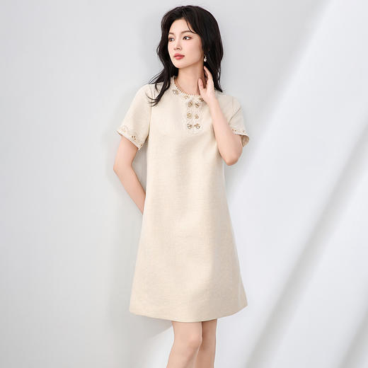 「高货wl」全新升级【铂金会员367/天猫489/差价122】(92656)洛诗琳法式宫廷风重工钉珠刺绣花边金丝麻显瘦A字连衣裙 商品图0