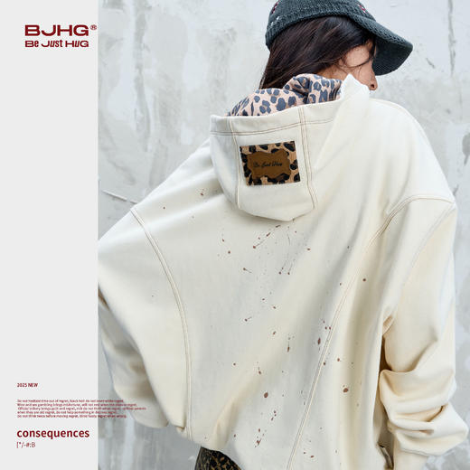 BJHG不计后果美式豹纹连帽卫衣男款2025新款潮明线撞色泼墨外套女 商品图2