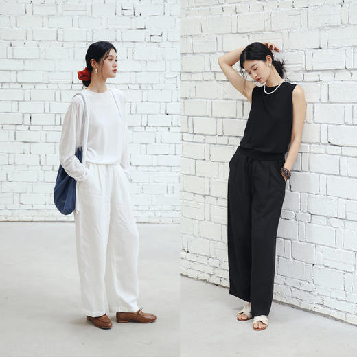 绽放451朵/【黑白灰系列·陪伴裤】纯汉麻宽松抽绳显瘦直筒长裤女 商品图3