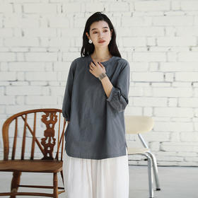绽放女装468朵/【黑白灰系列·至简T】汉麻棉圆领宽松中长款T恤女