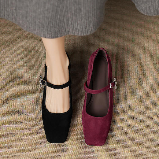 【预售5天】方头玛丽珍鞋女通勤百搭粗跟酒红色一字带中跟单鞋不累脚高跟鞋女AJ&AJ9997 商品图2