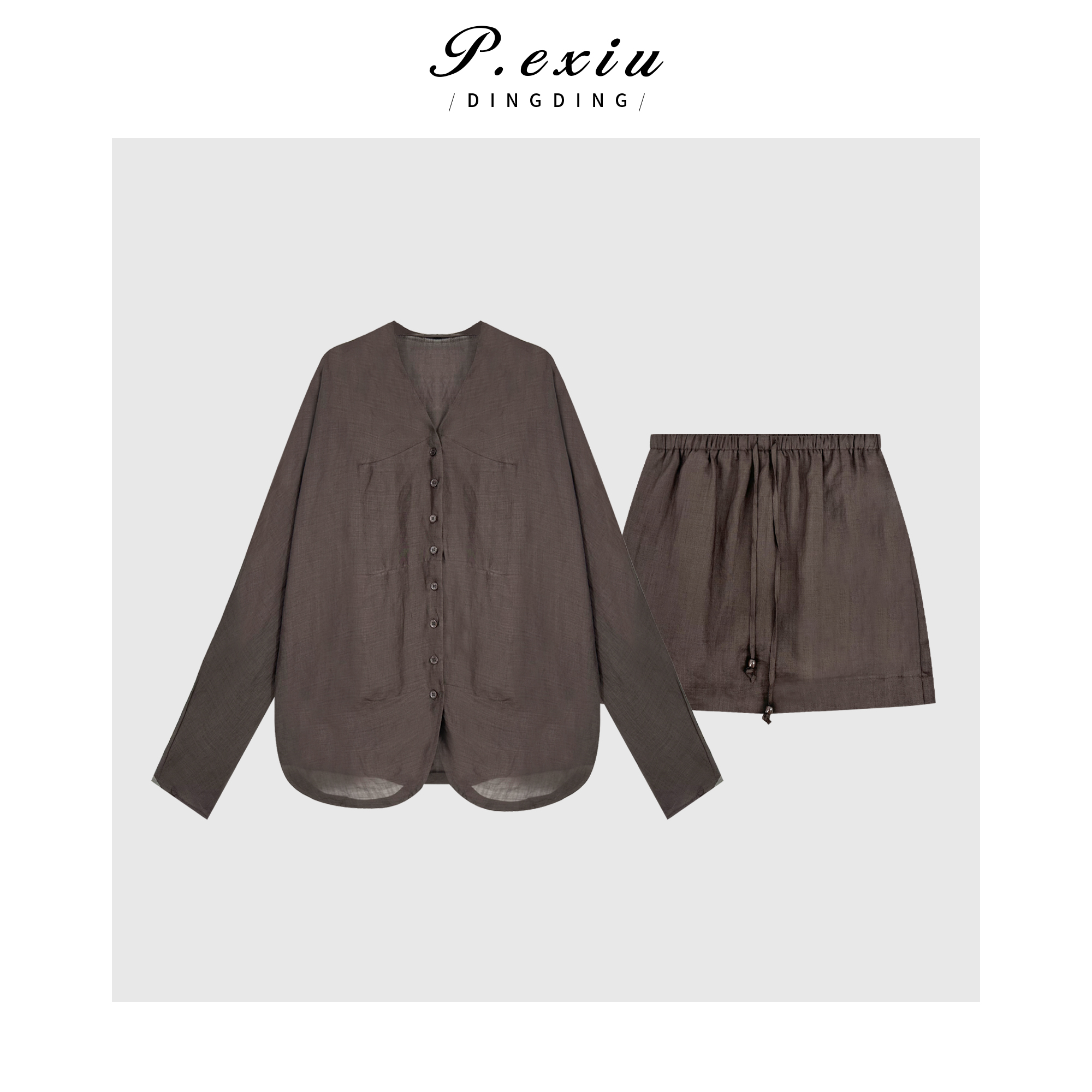 04-3潘依绣丁丁宠粉100%苎麻肌理感透气V领衬衫短裙套装 SH0107