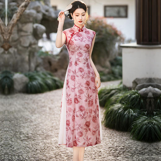 奥黛旗袍改良版夏季高端年轻款碎花减龄连衣裙粉色7790 商品图0