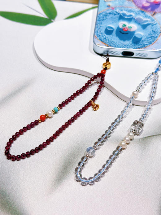 国风原创新中式酒红石榴石水晶橄榄石碧玉手机链手机挂件手腕绳淡水珍珠彩虹蜜蜡南红 商品图3