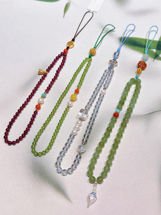 国风原创新中式酒红石榴石水晶橄榄石碧玉手机链手机挂件手腕绳淡水珍珠彩虹蜜蜡南红 商品图0