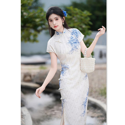 简约时尚年轻款缎面印花长款旗袍2025夏新款收腰显瘦日常旗袍SYK312573 商品图0