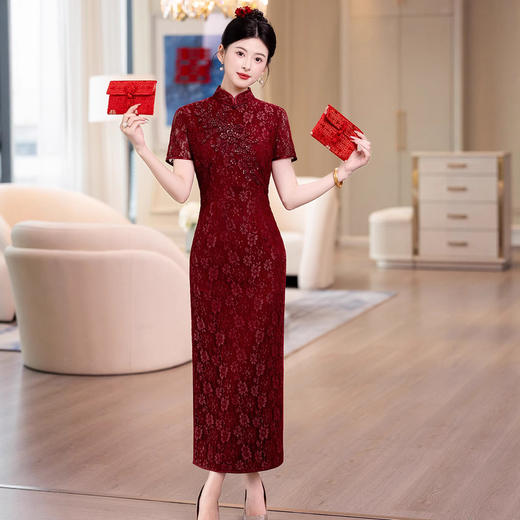 喜婆婆蕾丝旗袍敬酒服春夏季。妈妈装婚宴礼服高贵年轻LSH-B142 商品图0