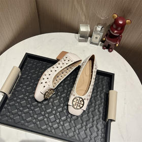 正品JC女鞋镂空小方跟二层皮单鞋