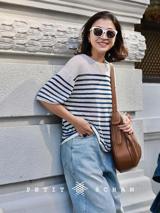 PETIT SCHAN小闪 CLO#870 Sail 风帆 亚麻混纺条纹短袖套头衫 商品图0