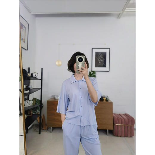 面料黑科技！敏感肌福音 翻领八分裤居家服套装 自由随心裁工艺 提花雀网布 细腻贴肤 柔软透气 商品图2