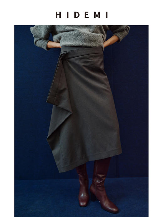 HIDEMI 进口绵羊毛黏胶氨纶混纺不对称堆叠设计感半身裙长裙 商品图0