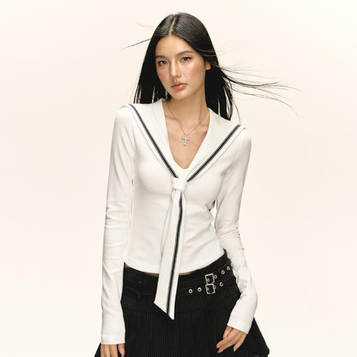 Ariseism 美式复古设计感海军风针织长袖T恤女秋新款辣妹修身上衣 商品图2