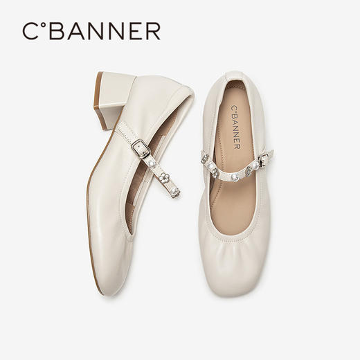 千百度羊皮玛丽珍鞋女粗高跟鞋小香风单鞋A25462512 商品图4