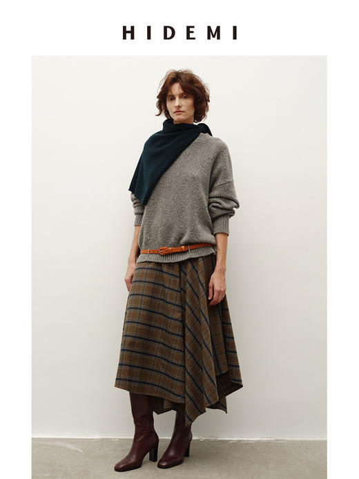 HIDEMI 极简色织格纹拉绒不对称伞状半身裙 商品图5