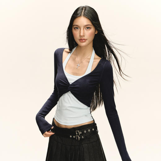 Ariseism 美式复古设计感假两件长袖T恤女秋季新款辣妹修身上衣 商品图0