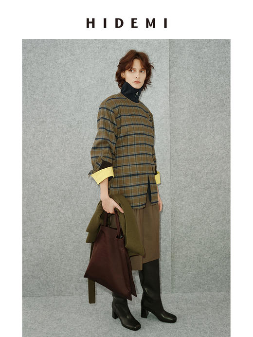HIDEMI 极简色织格纹拉绒经典圆领宽肩套头廓形西装 商品图3