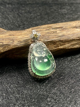 【FC0070】18K金镶嵌翡翠玻璃种阳绿财神吊坠 冰润通透  刚性十足 飘花灵动