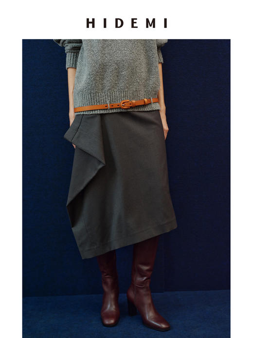 HIDEMI 进口绵羊毛黏胶氨纶混纺不对称堆叠设计感半身裙长裙 商品图2