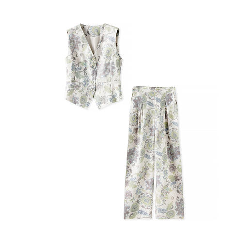 「高货wl」全新升级【铂金会员395/天猫529/差价134】(99634)洛诗琳夏季老钱风印花天丝麻马甲高腰通勤阔腿裤两件套女 商品图4