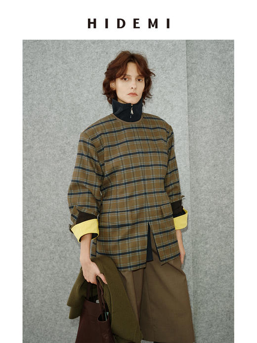 HIDEMI 极简色织格纹拉绒经典圆领宽肩套头廓形西装 商品图4