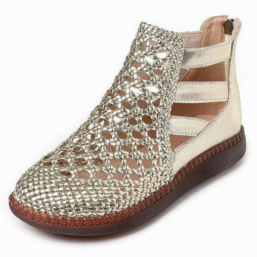 丁摩 民族风复古镂空凉鞋真皮夏新款女鞋平底休闲鞋编织妈妈鞋5ZF-125 商品图7