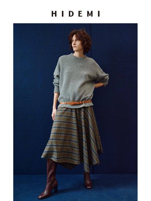 HIDEMI 极简色织格纹拉绒不对称伞状半身裙 商品图3
