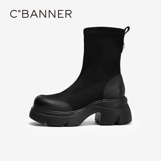 千百度牛皮拼接弹力袜靴女2025冬季新款厚底保暖轻便增高短靴子A25533011 商品图2