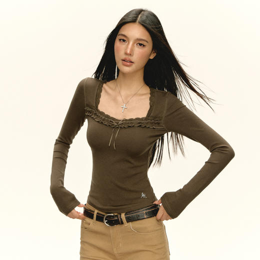 Ariseism 美式复古设计感木耳边长袖T恤女秋季新款辣妹修身上衣 商品图1