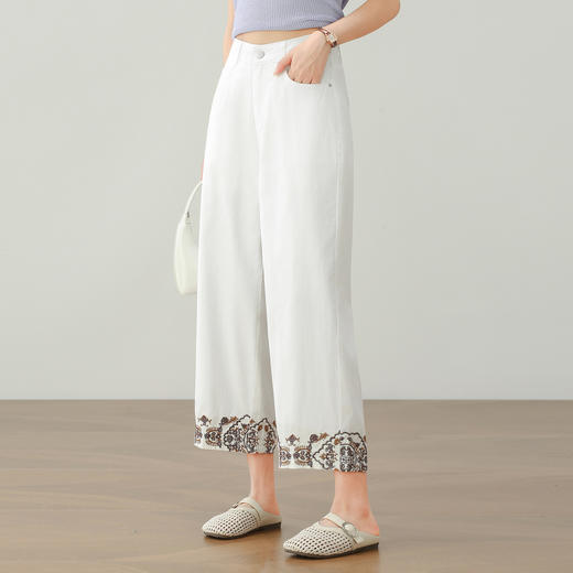 「自」全新升级【铂金会员174/天猫229/差价55】(11620)洛诗琳刺绣复古牛仔阔腿裤2025夏季高腰显瘦天丝直筒八分裤 商品图1