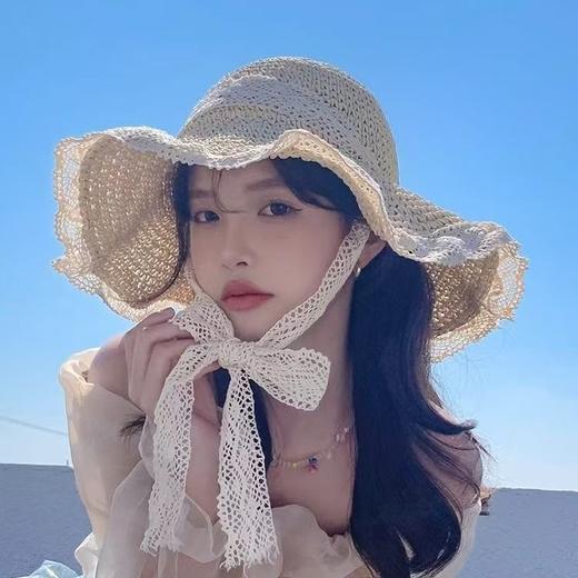 【13CM大帽檐，有效遮挡阳光！】夏季新款法式草帽女 透气蕾丝花边 镂空防晒沙滩帽-QA 商品图2
