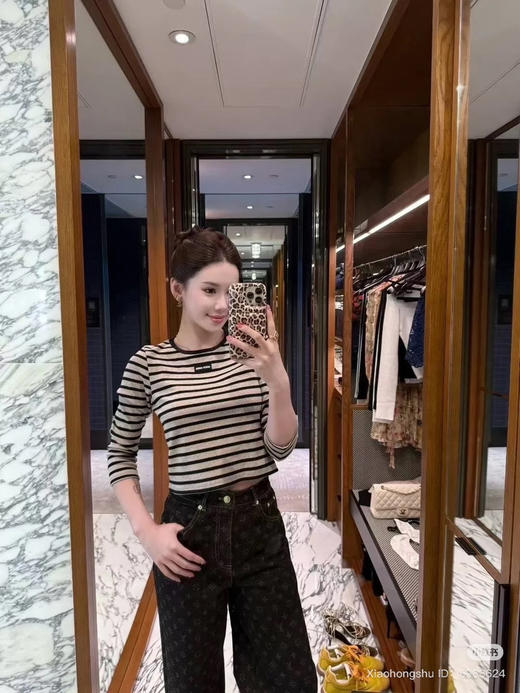 728-3 独家圆正 大爆款 miu大地色系 条纹短款九分长袖衫 单穿打底衫 我穿M修身偏小一号 商品图1