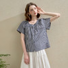 西遇韩系甜美条纹短袖衬衫女夏季褶皱圆领设计感百搭宽松衬衣H0051122 商品缩略图0