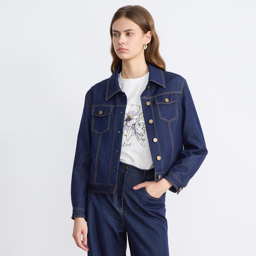 EITIE爱特爱简约早秋复古通勤时尚短款翻领牛仔2025秋季新款外套C2503808 商品图2