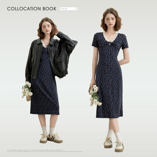 西遇扭结蕾丝花边V领法式碎花连衣裙女秋季新款收腰显瘦长裙V0051168 商品图1