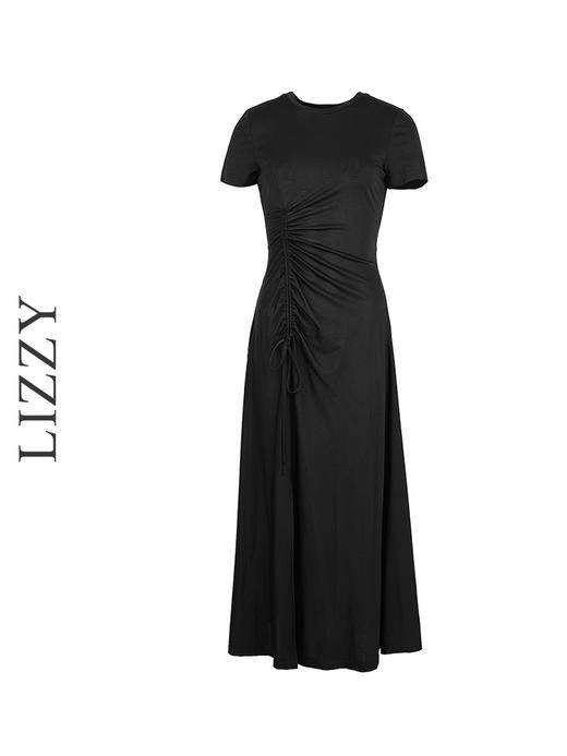 LIZZY 时尚法式简约弹力针织抽褶开叉长款连衣裙7420 商品图5