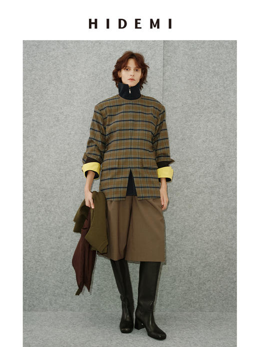 HIDEMI 极简色织格纹拉绒经典圆领宽肩套头廓形西装 商品图1