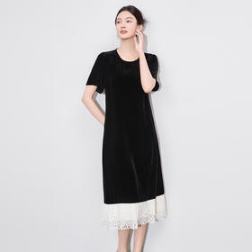 「高货wl」全新升级【铂金会员422/天猫569/差价147】(13025)洛诗琳真丝丝绒撞色拼接连衣裙2025夏季气质优雅显瘦裙子