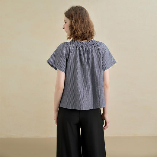 西遇韩系甜美条纹短袖衬衫女夏季褶皱圆领设计感百搭宽松衬衣H0051122 商品图4