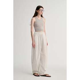 MAISON CECILE 进口匹马棉亚麻条纹松弛感松紧腰气球裤