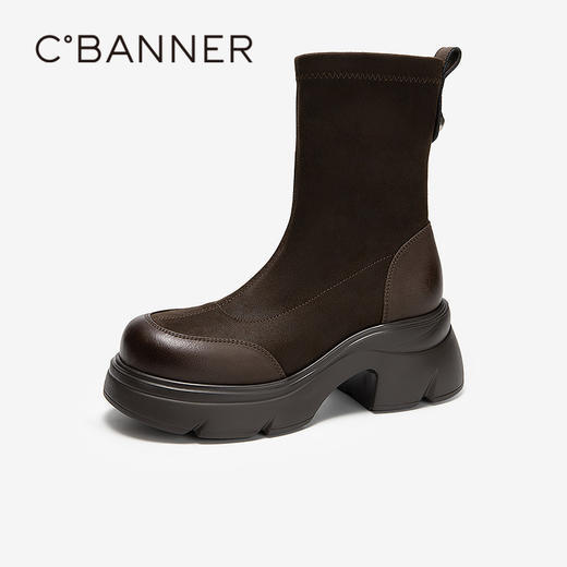 千百度牛皮拼接弹力袜靴女2025冬季新款厚底保暖轻便增高短靴子A25533011 商品图1