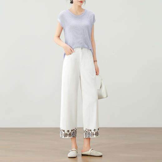 「自」全新升级【铂金会员174/天猫229/差价55】(11620)洛诗琳刺绣复古牛仔阔腿裤2025夏季高腰显瘦天丝直筒八分裤 商品图0