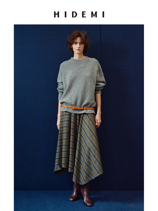 HIDEMI 极简色织格纹拉绒不对称伞状半身裙 商品图2
