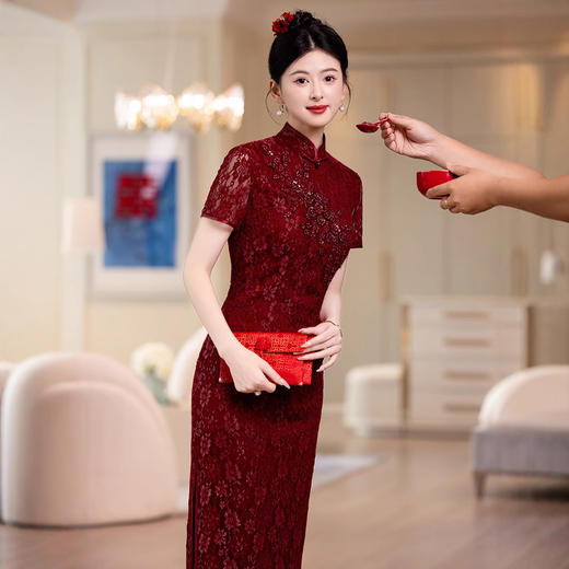 喜婆婆蕾丝旗袍敬酒服春夏季。妈妈装婚宴礼服高贵年轻LSH-B142 商品图3