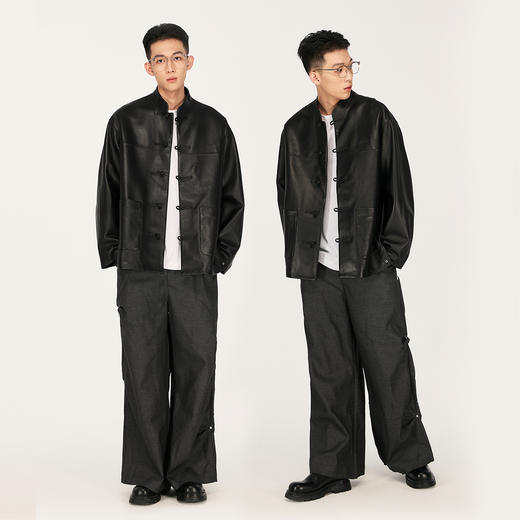 NPC潮牌国风新中式羊皮革立领盘扣皮衣夹克老钱风外套NP48TJ08 商品图1