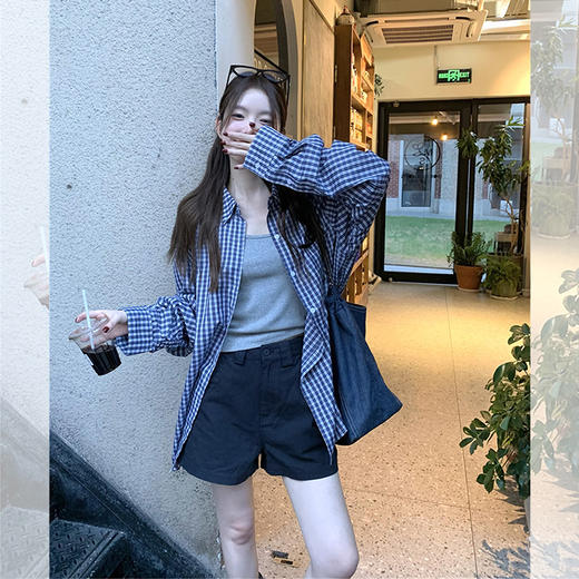 西遇蓝色格子衬衫女秋季新款松弛感宽松薄款衬衣长袖外套SS051223 商品图0