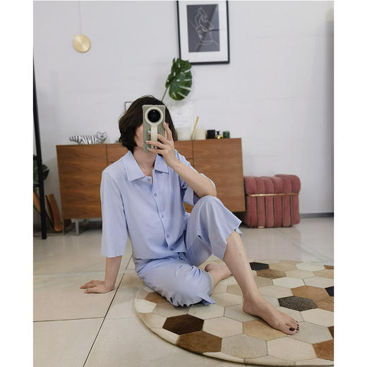 面料黑科技！敏感肌福音 翻领八分裤居家服套装 自由随心裁工艺 提花雀网布 细腻贴肤 柔软透气 商品图1