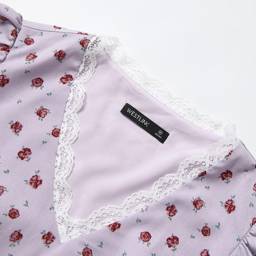 【限时秒杀】西遇浪漫玫瑰蕾丝花边V领碎花连衣裙女秋季新款收腰显瘦长裙V2451096 商品图5