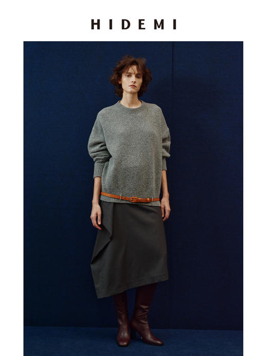 HIDEMI 进口绵羊毛黏胶氨纶混纺不对称堆叠设计感半身裙长裙 商品图3